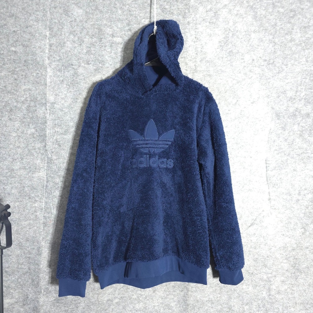 Adidas Teddy Fleece Hoodie Mens Medium Navy Blue Trefoil Logo Pullover 15727